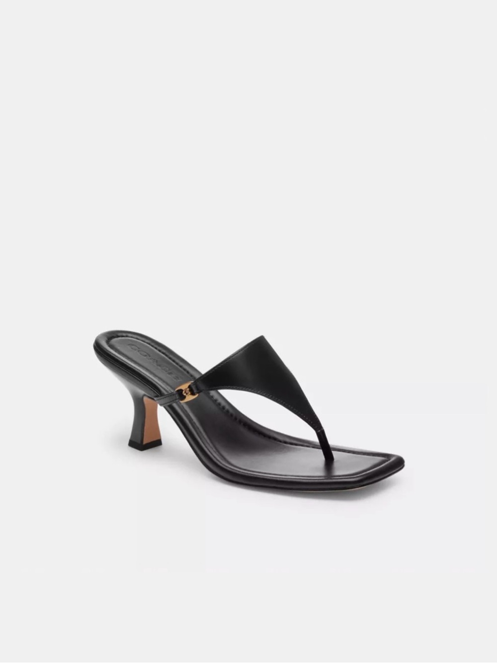 Coach Black Leather Thong Heel Sandal with Gold Hardware